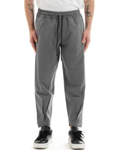 Pantaloni Uomo Pantalaccio Viscosa Jogger Con Tasche America Con Elastico Casual Tinta Unita Grigio GIOSAL-P5644A
