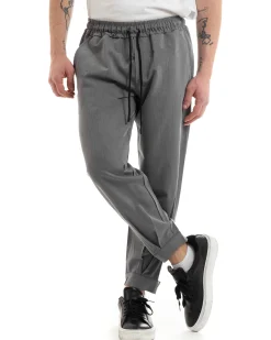 Pantaloni Uomo Pantalaccio Viscosa Jogger Con Tasche America Con Elastico Casual Tinta Unita Grigio GIOSAL-P5644A