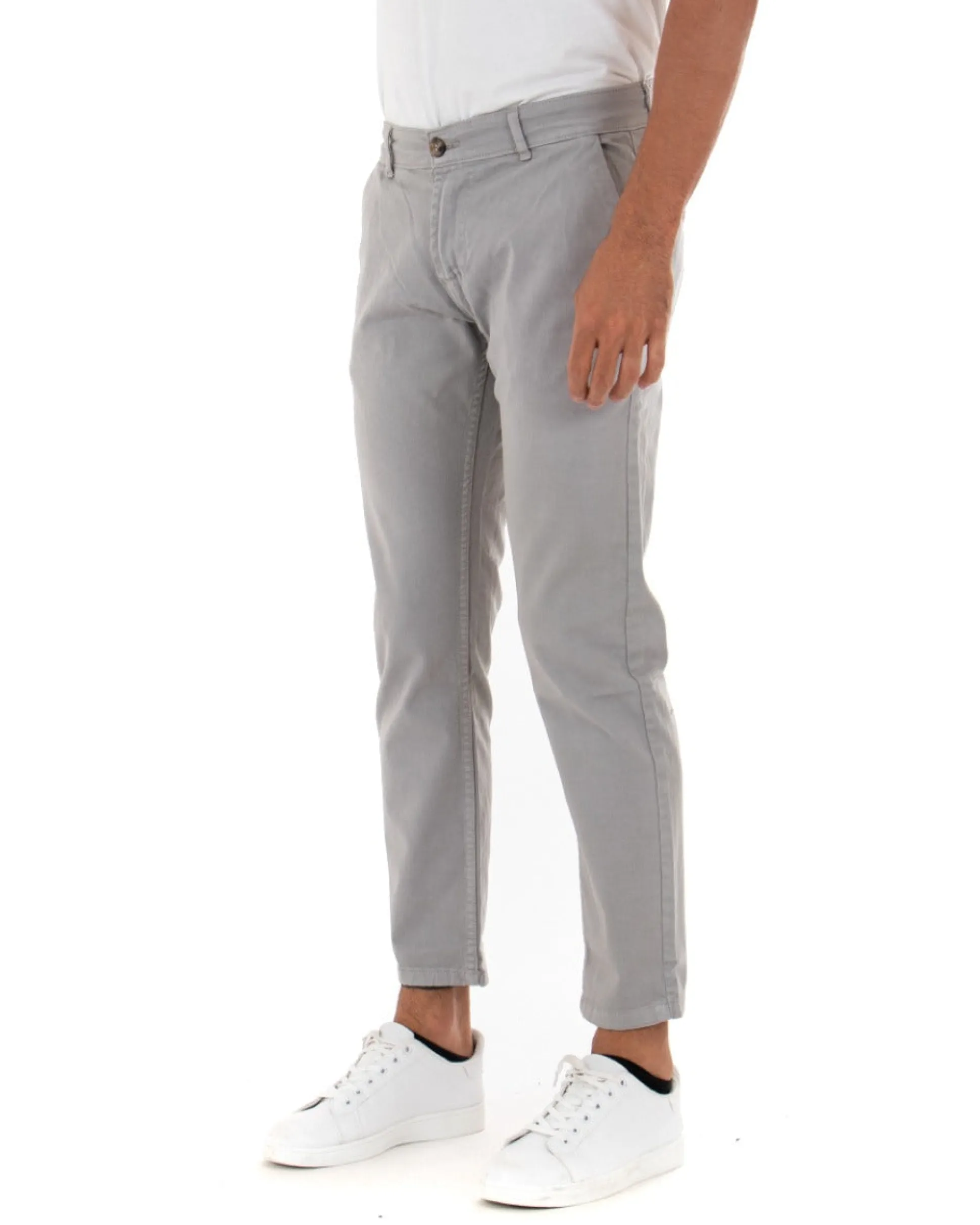 Pantaloni Uomo Slim Cotone Elastico Classico Tasche America Basic Grigio Chiaro GIOSAL-P5008A