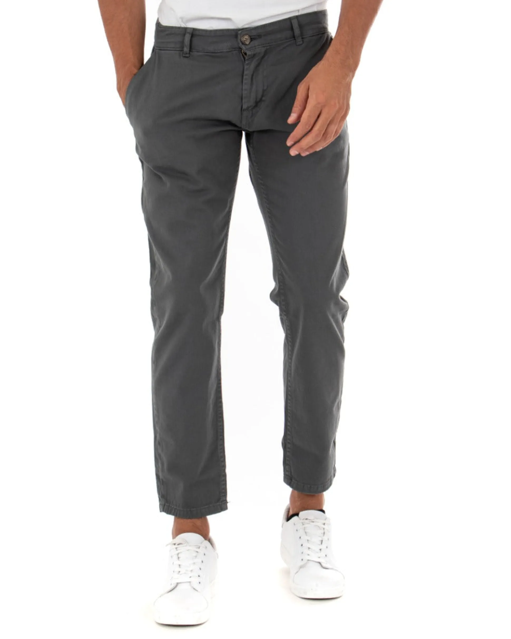 Pantaloni Uomo Slim Cotone Elastico Classico Tasche America Basic Grigio Scuro GIOSAL-P5001A