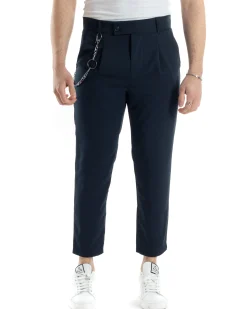 Pantaloni Uomo Tasca America Viscosa Abbottonatura Allungata Capri Casual Blu GIOSAL-P6059A