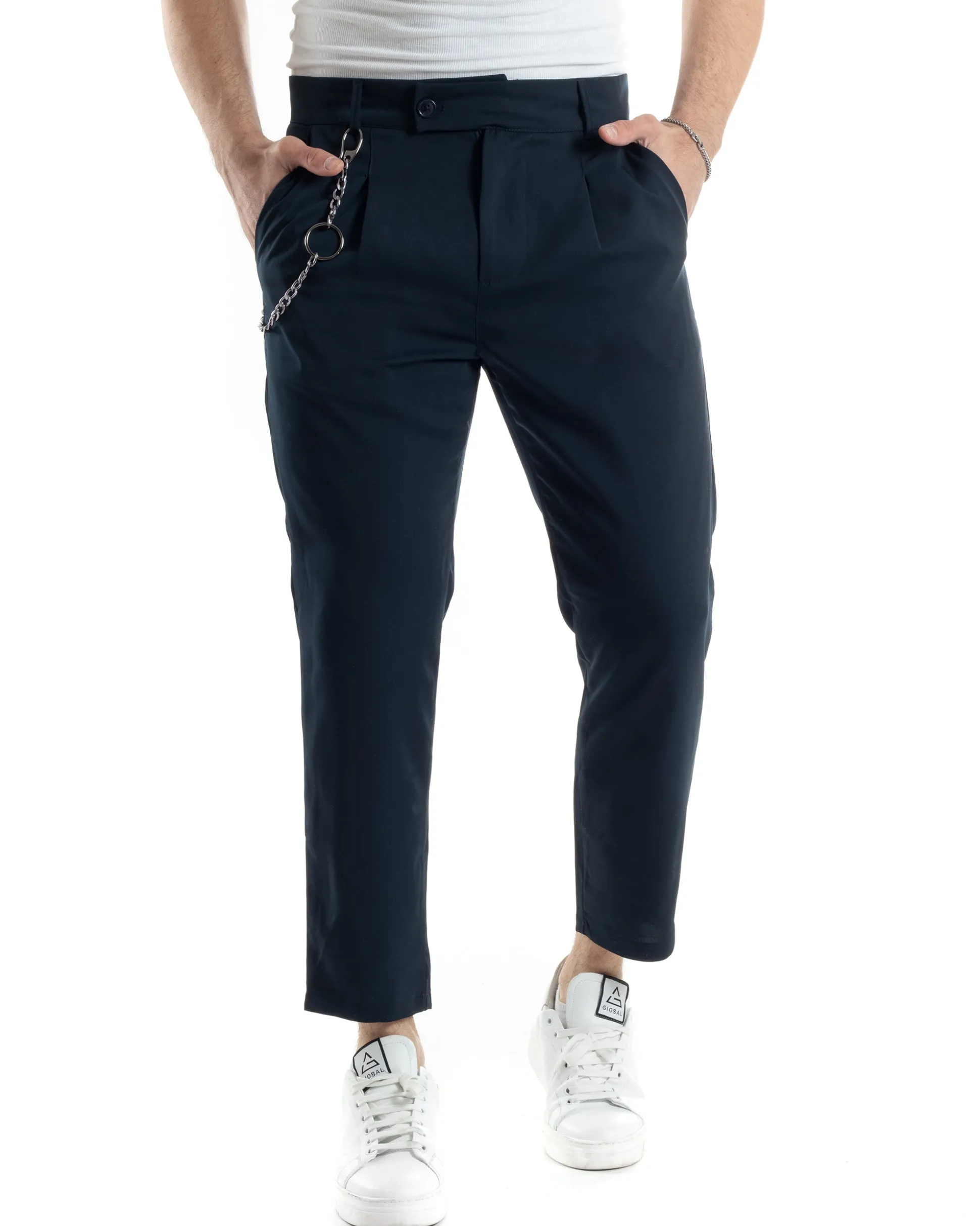 Pantaloni Uomo Tasca America Viscosa Abbottonatura Allungata Capri Casual Blu GIOSAL-P6059A