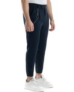 Pantaloni Uomo Tasca America Viscosa Abbottonatura Allungata Capri Casual Blu GIOSAL-P6059A