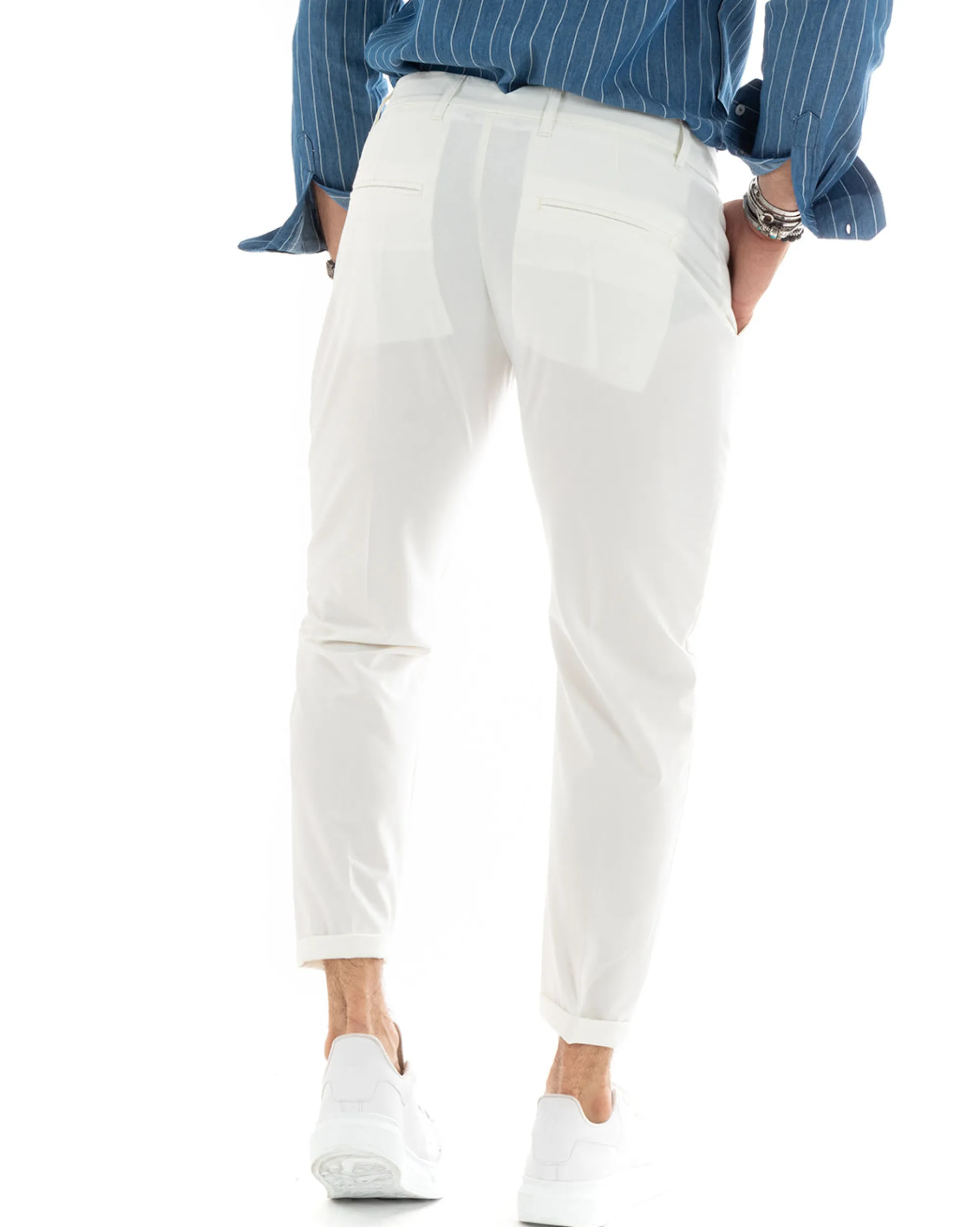 Pantaloni Uomo Tasca America Chinos Lungo Classico Slim Casual Tinta Unita Bianco GIOSAL-P6162A
