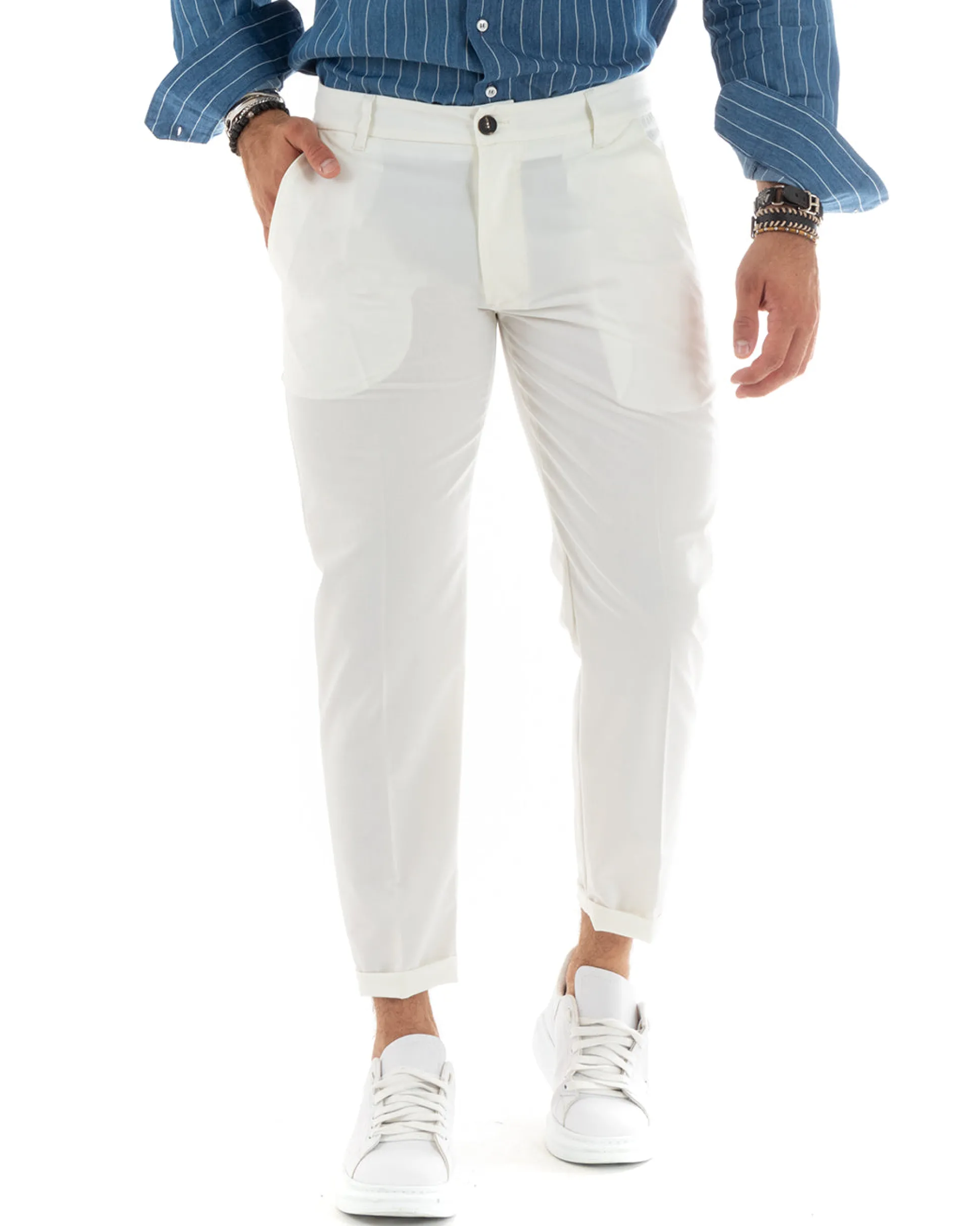 Pantaloni Uomo Tasca America Chinos Lungo Classico Slim Casual Tinta Unita Bianco GIOSAL-P6162A