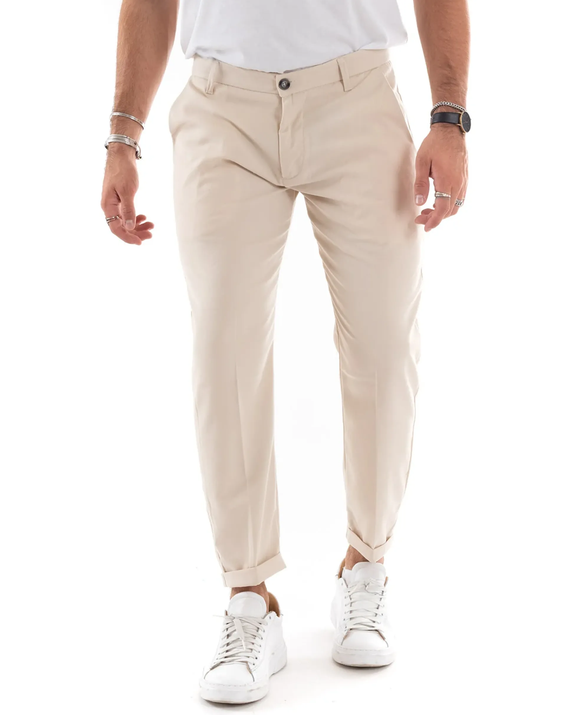 Pantaloni Uomo Tasca America Chinos Lungo Classico Slim Casual Tinta Unita Beige GIOSAL-P6165A
