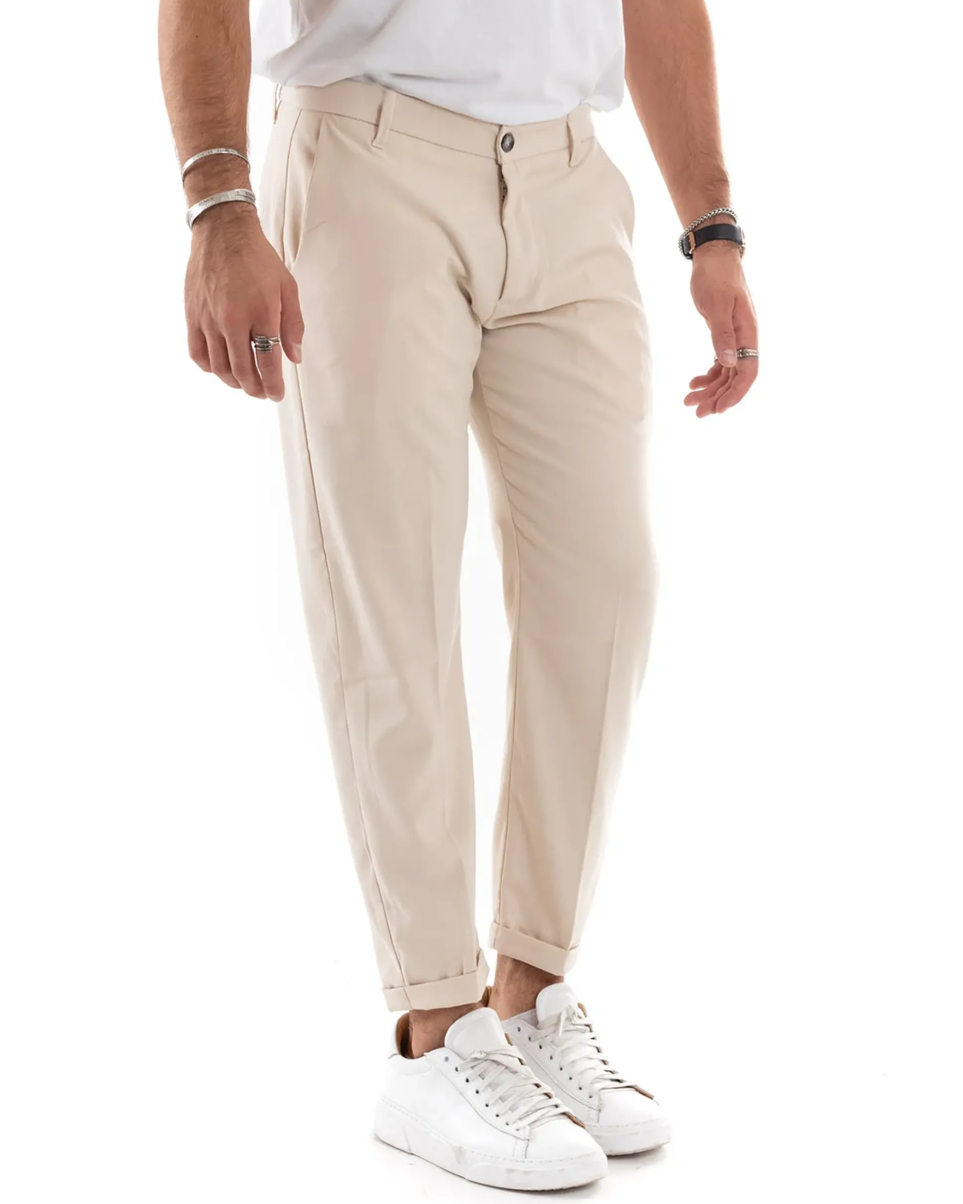 Pantaloni Uomo Tasca America Chinos Lungo Classico Slim Casual Tinta Unita Beige GIOSAL-P6165A