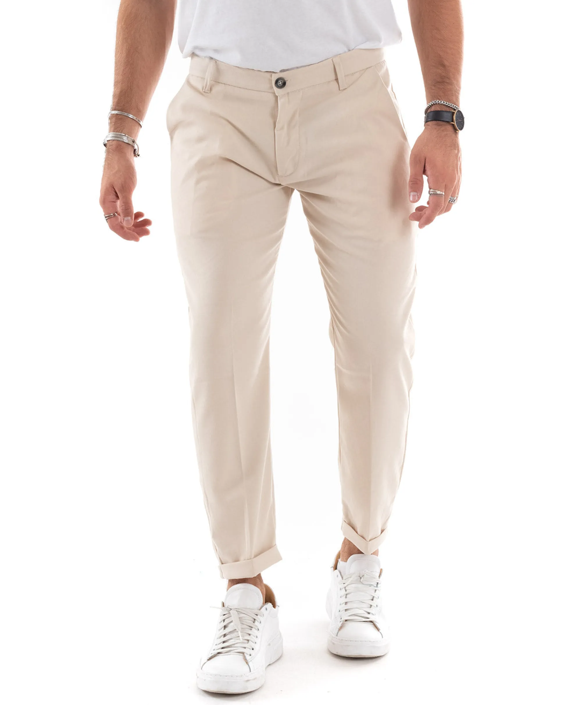 Pantaloni Uomo Tasca America Chinos Lungo Classico Slim Casual Tinta Unita Beige GIOSAL-P6165A