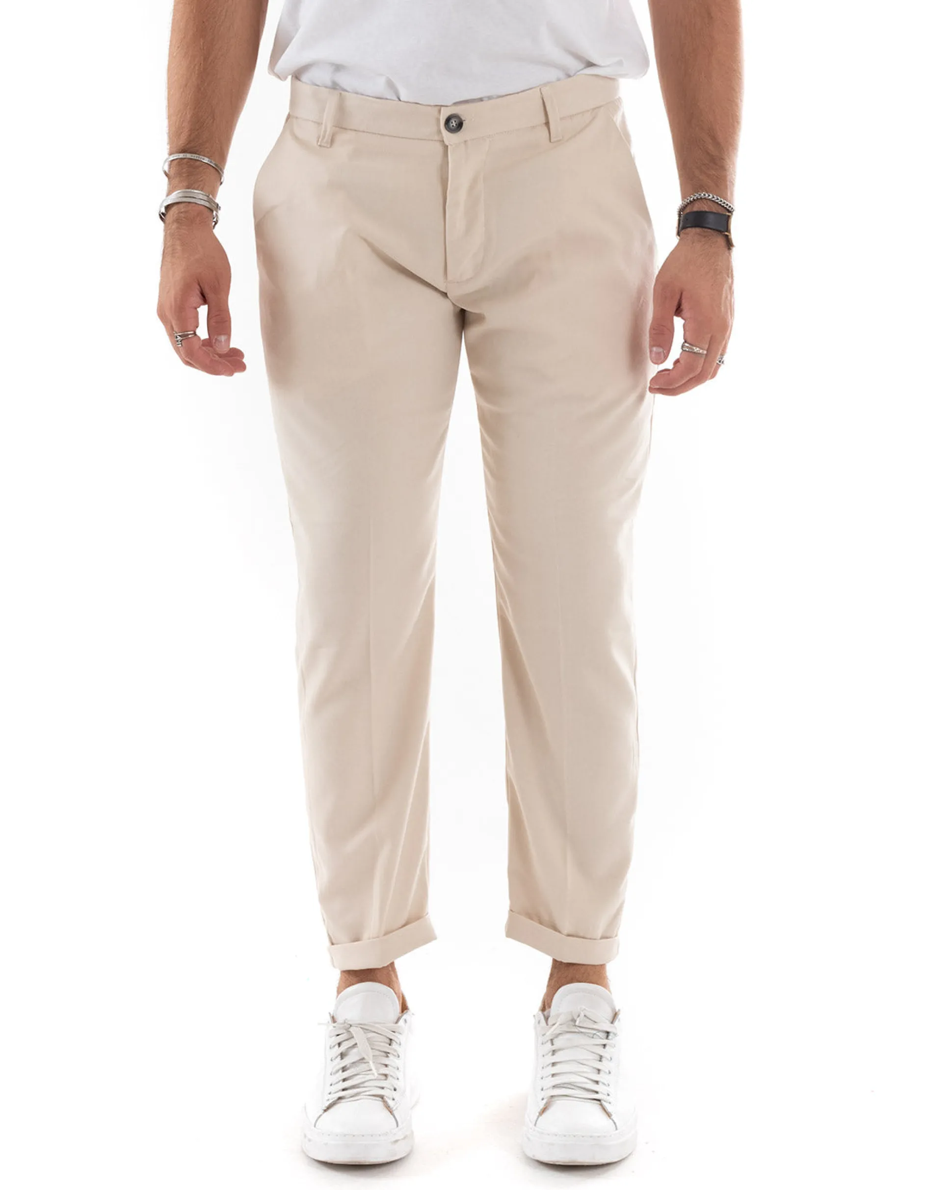 Pantaloni Uomo Tasca America Chinos Lungo Classico Slim Casual Tinta Unita Beige GIOSAL-P6165A
