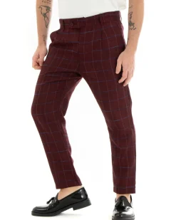 Pantaloni Uomo Tasca America Lino Classico Sartoriale Con Abbottonatura Allungata Con Pinces Scozzese Tartan Bordeaux GIOSAL-P3826A