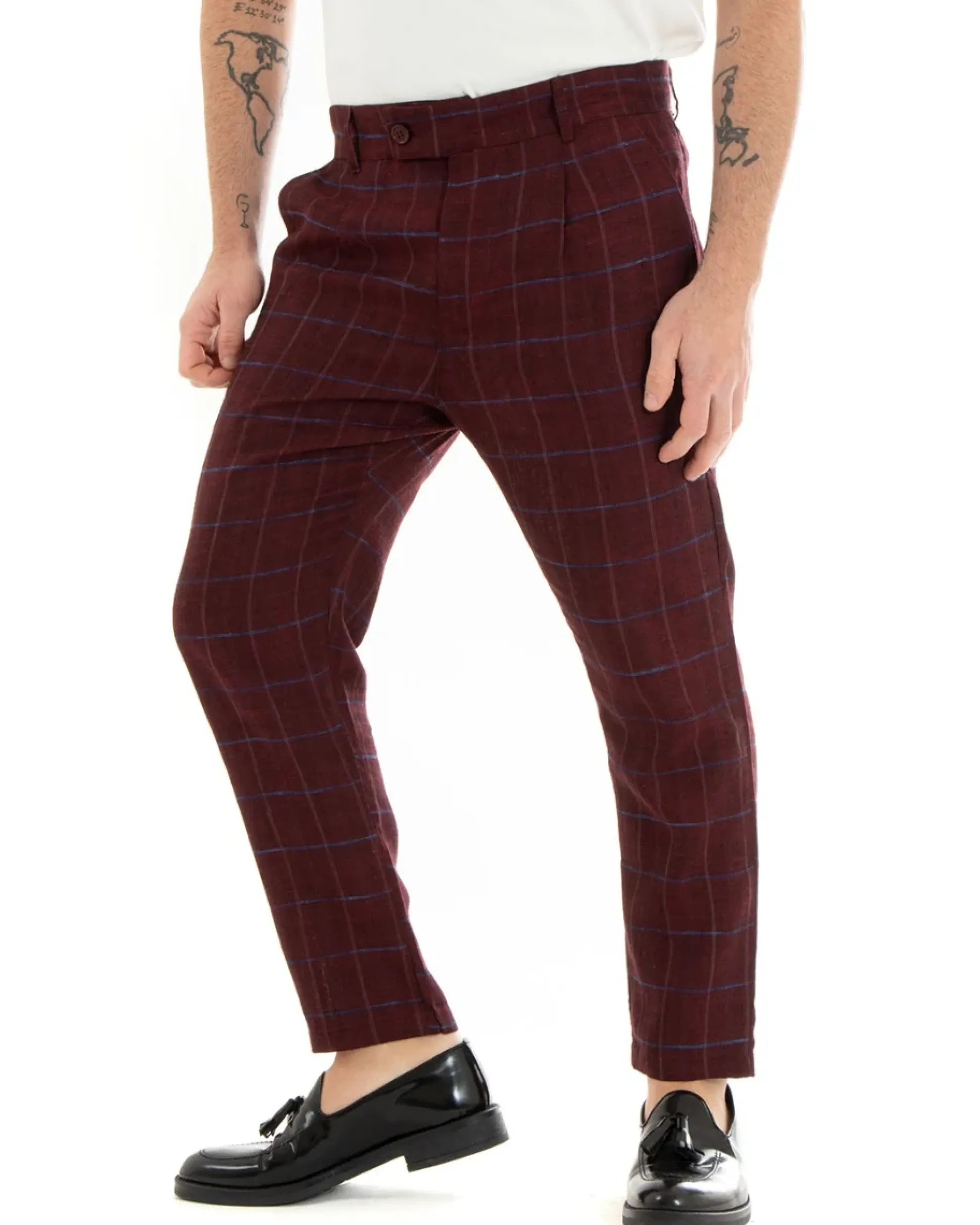 Pantaloni Uomo Tasca America Lino Classico Sartoriale Con Abbottonatura Allungata Con Pinces Scozzese Tartan Bordeaux GIOSAL-P3826A
