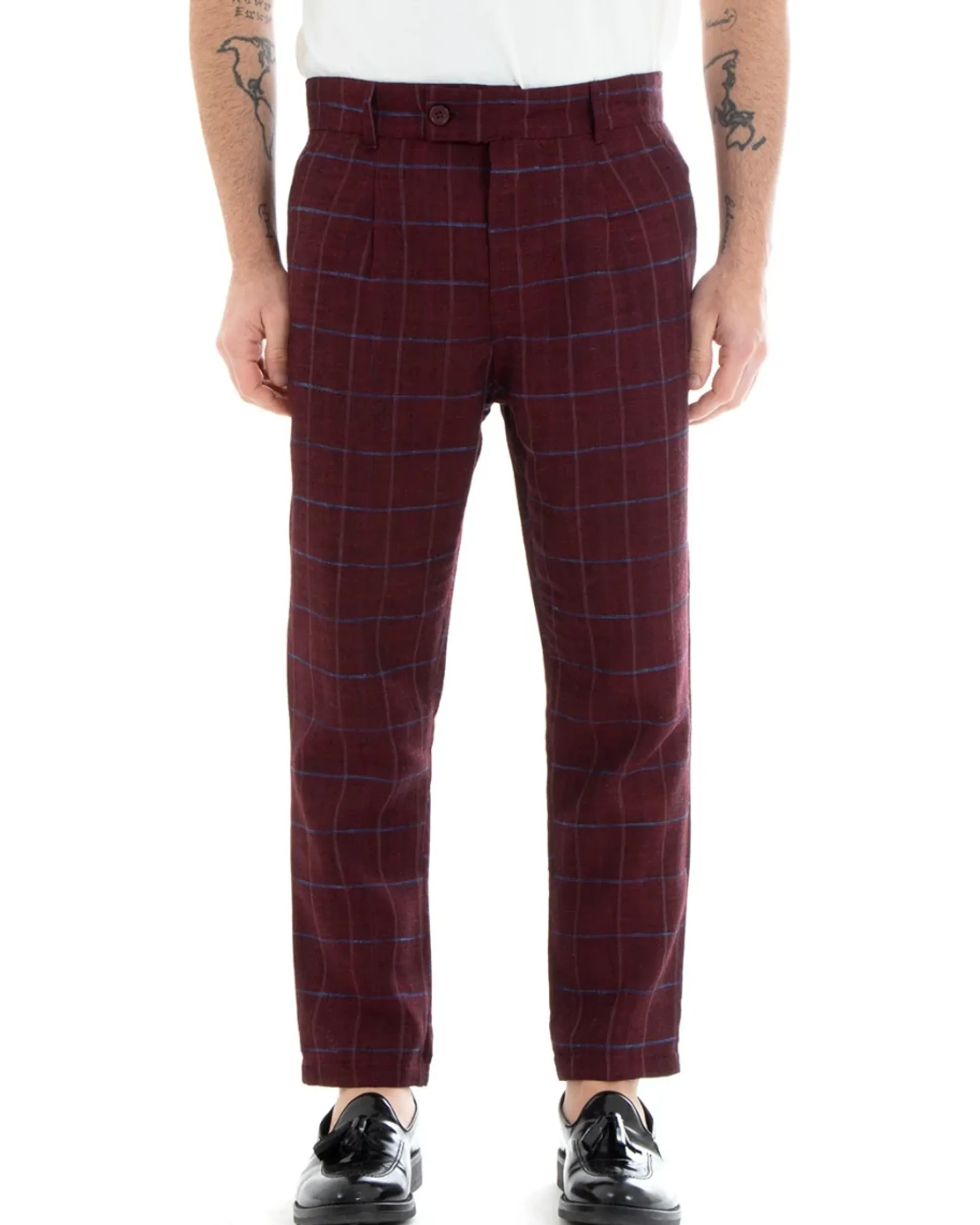 Pantaloni Uomo Tasca America Lino Classico Sartoriale Con Abbottonatura Allungata Con Pinces Scozzese Tartan Bordeaux GIOSAL-P3826A