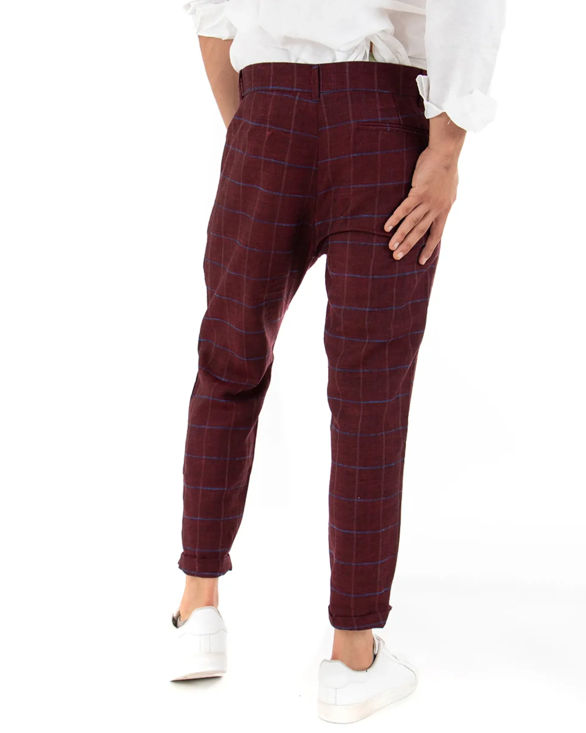 Pantaloni Uomo Tasca America Lino Classico Sartoriale Con Abbottonatura Allungata Con Pinces Scozzese Tartan Bordeaux GIOSAL-P3826A