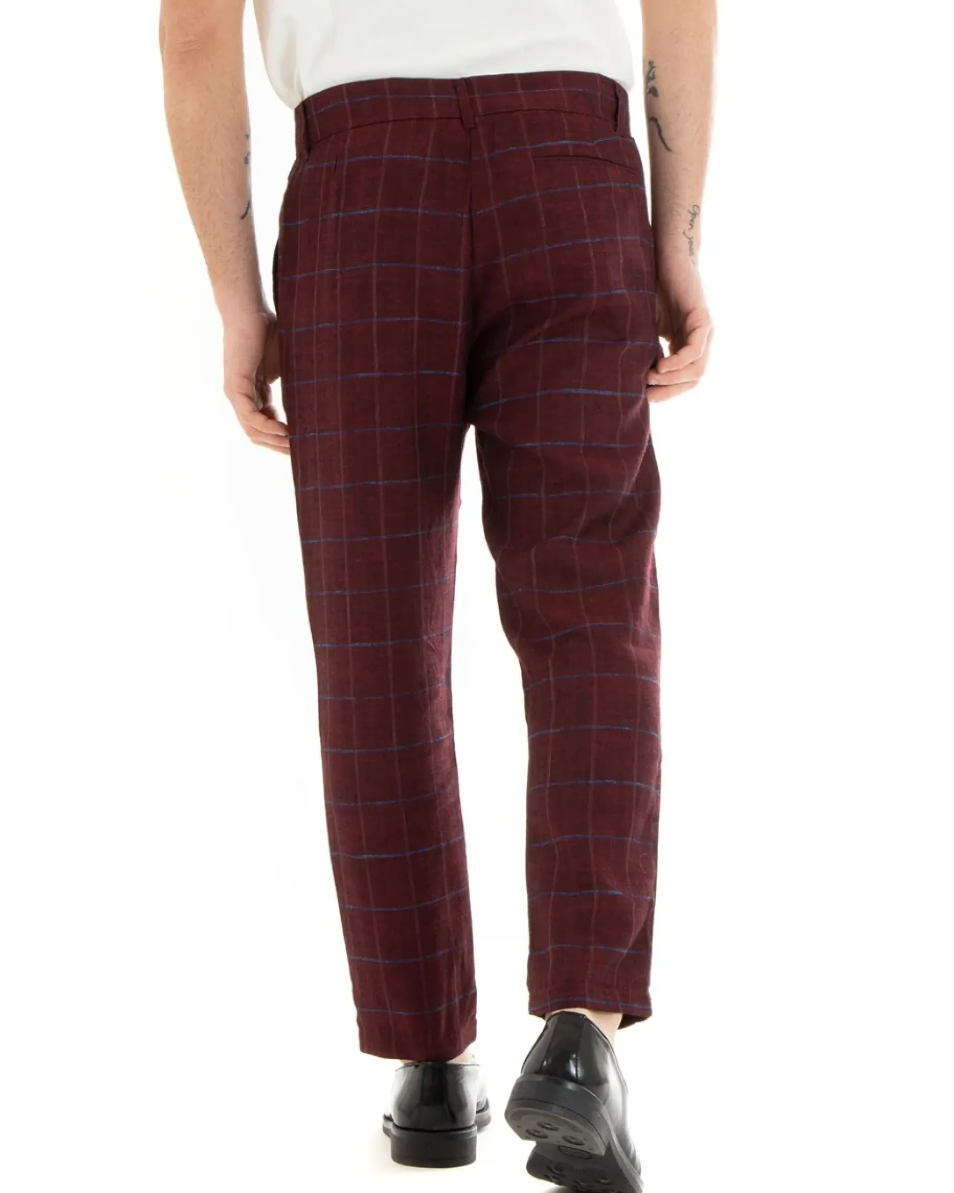 Pantaloni Uomo Tasca America Lino Classico Sartoriale Con Abbottonatura Allungata Con Pinces Scozzese Tartan Bordeaux GIOSAL-P3826A