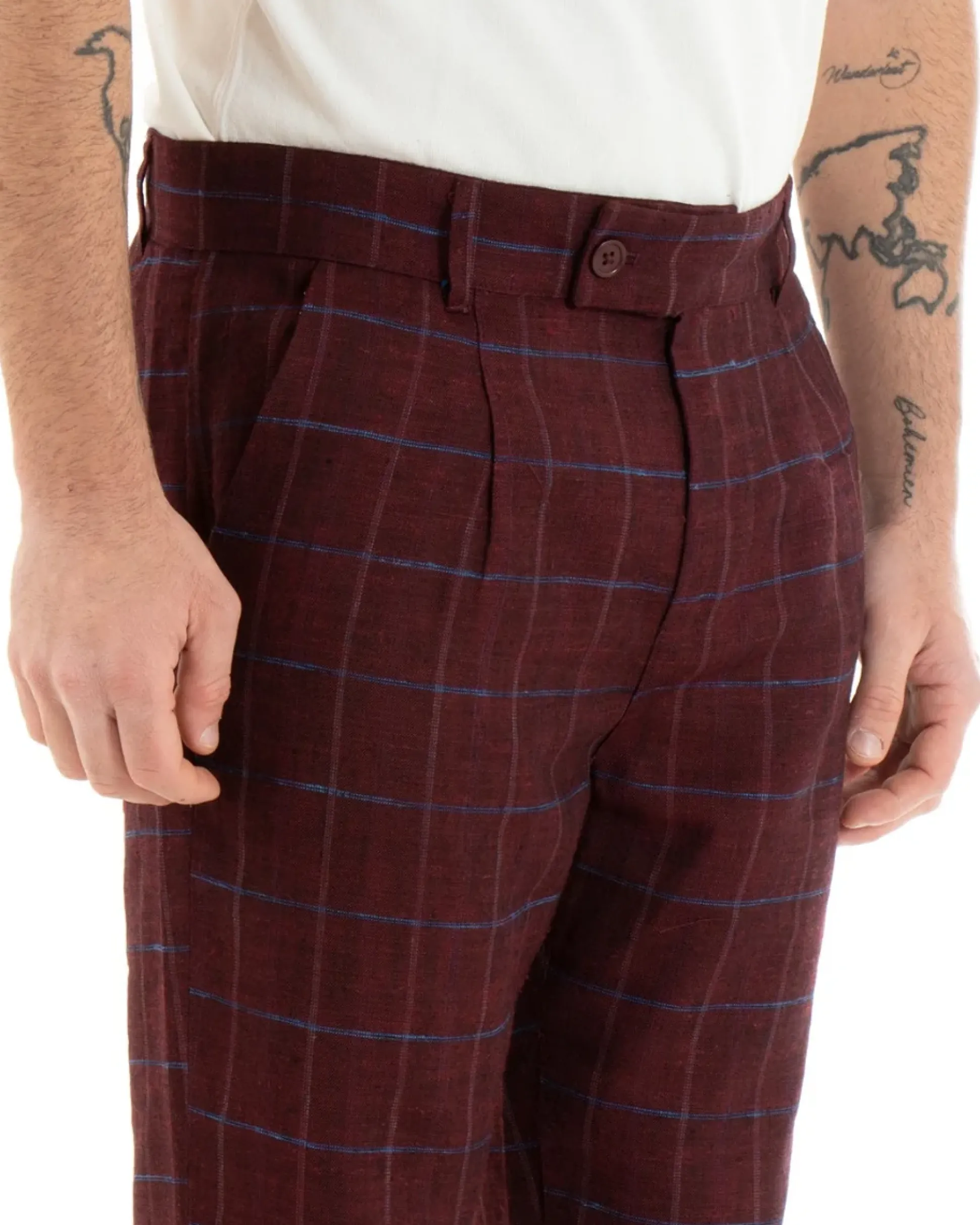Pantaloni Uomo Tasca America Lino Classico Sartoriale Con Abbottonatura Allungata Con Pinces Scozzese Tartan Bordeaux GIOSAL-P3826A