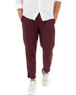 Pantaloni Uomo Tasca America Lino Classico Sartoriale Con Abbottonatura Allungata Con Pinces Scozzese Tartan Bordeaux GIOSAL-P3826A