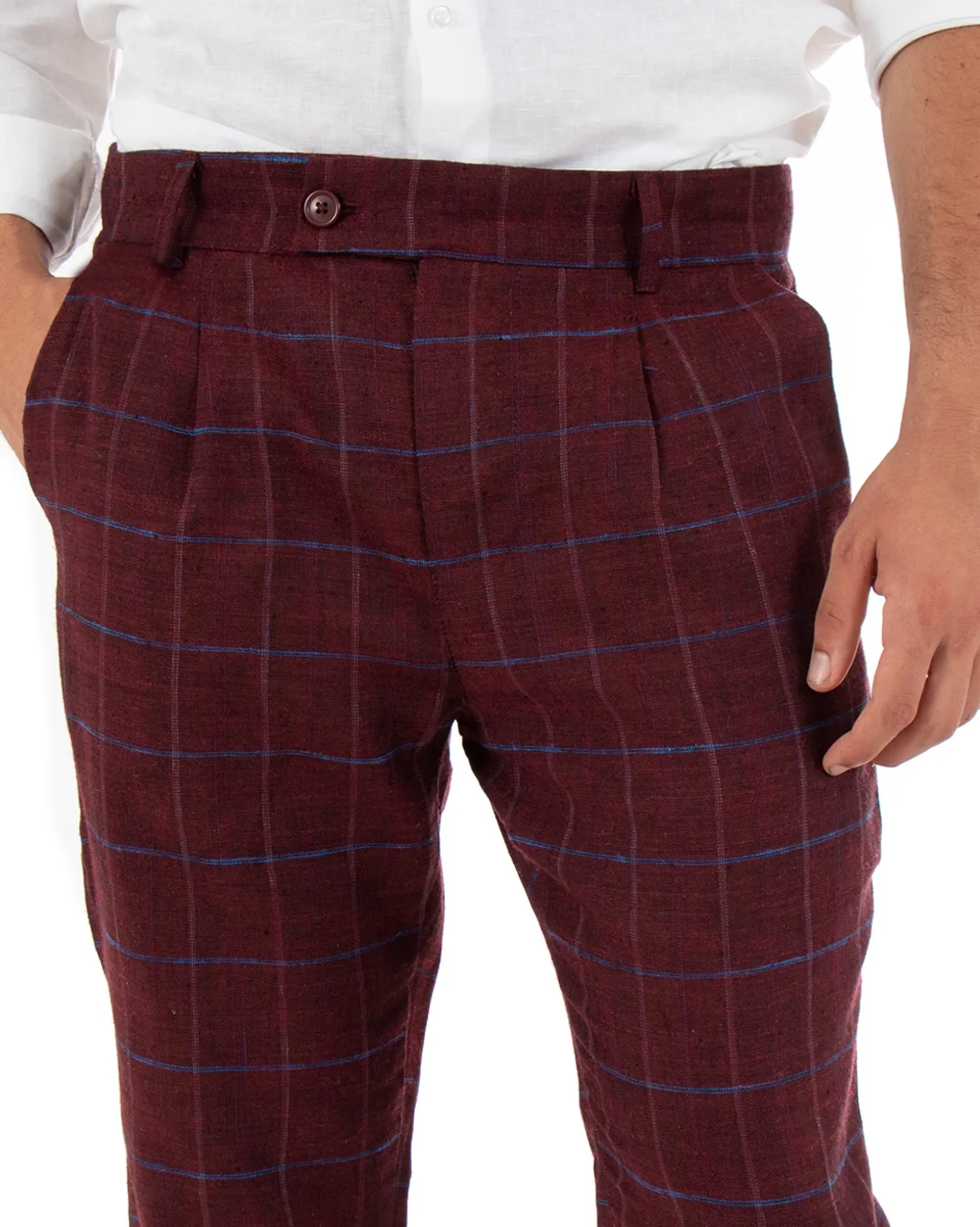 Pantaloni Uomo Tasca America Lino Classico Sartoriale Con Abbottonatura Allungata Con Pinces Scozzese Tartan Bordeaux GIOSAL-P3826A
