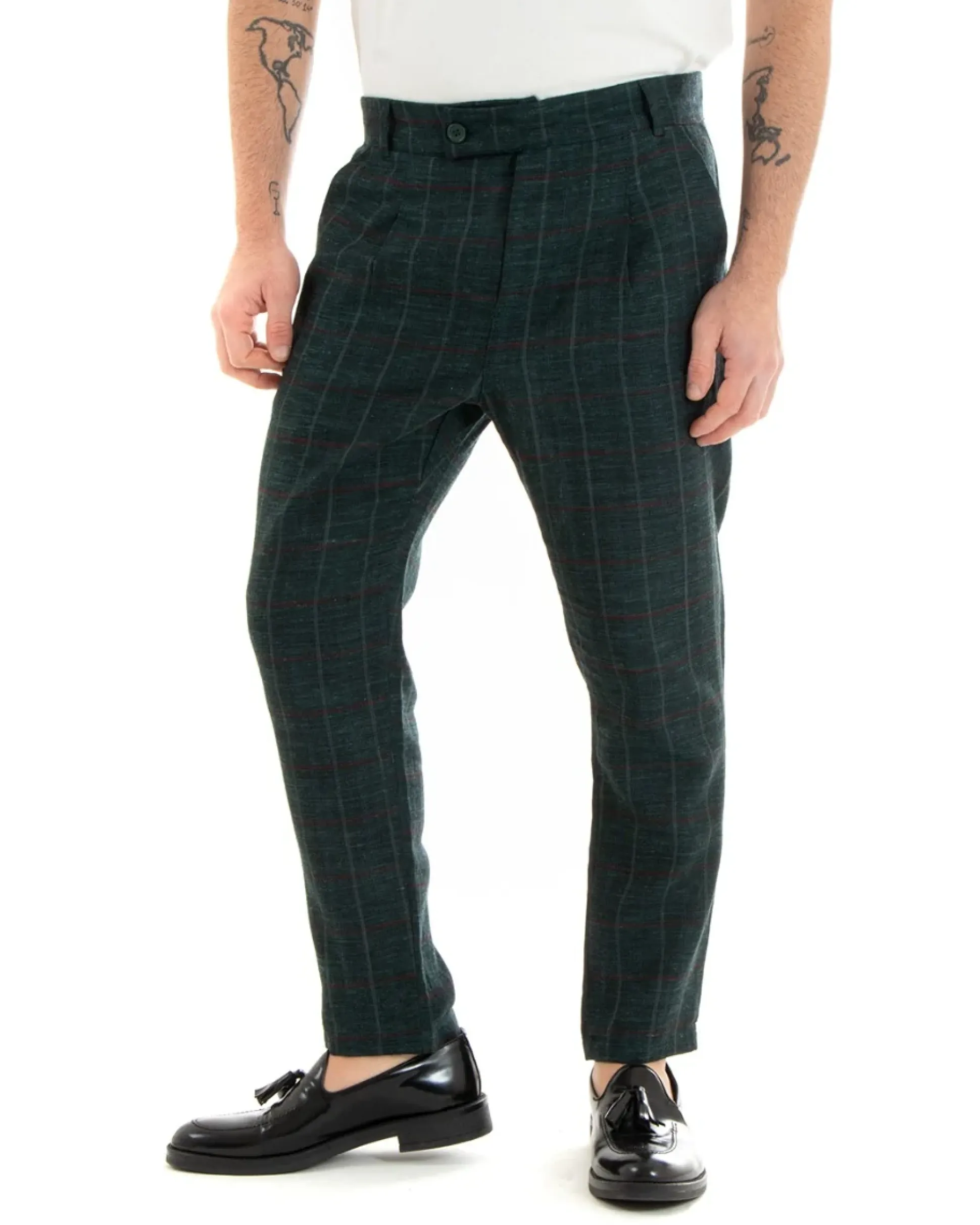 Pantaloni Uomo Tasca America Lino Classico Sartoriale Con Abbottonatura Allungata Con Pinces Scozzese Tartan Verde GIOSAL-P3827A