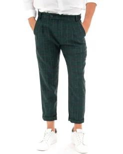 Pantaloni Uomo Tasca America Lino Classico Sartoriale Con Abbottonatura Allungata Con Pinces Scozzese Tartan Verde GIOSAL-P3827A