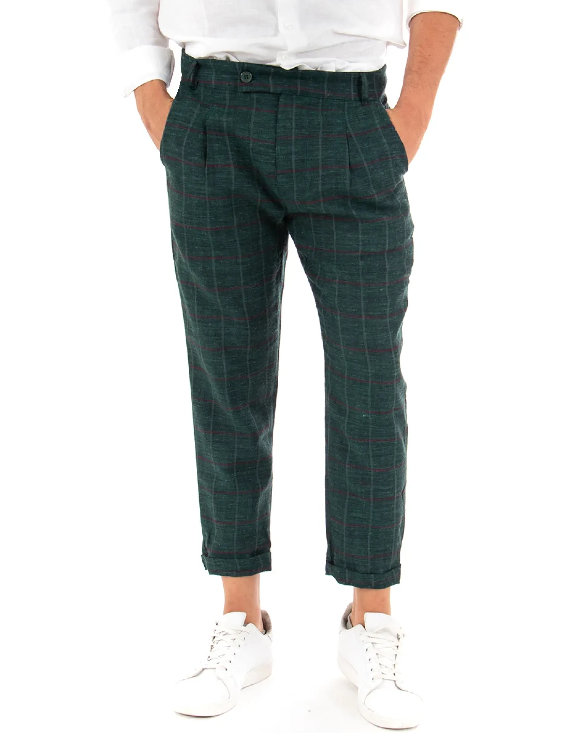 Pantaloni Uomo Tasca America Lino Classico Sartoriale Con Abbottonatura Allungata Con Pinces Scozzese Tartan Verde GIOSAL-P3827A