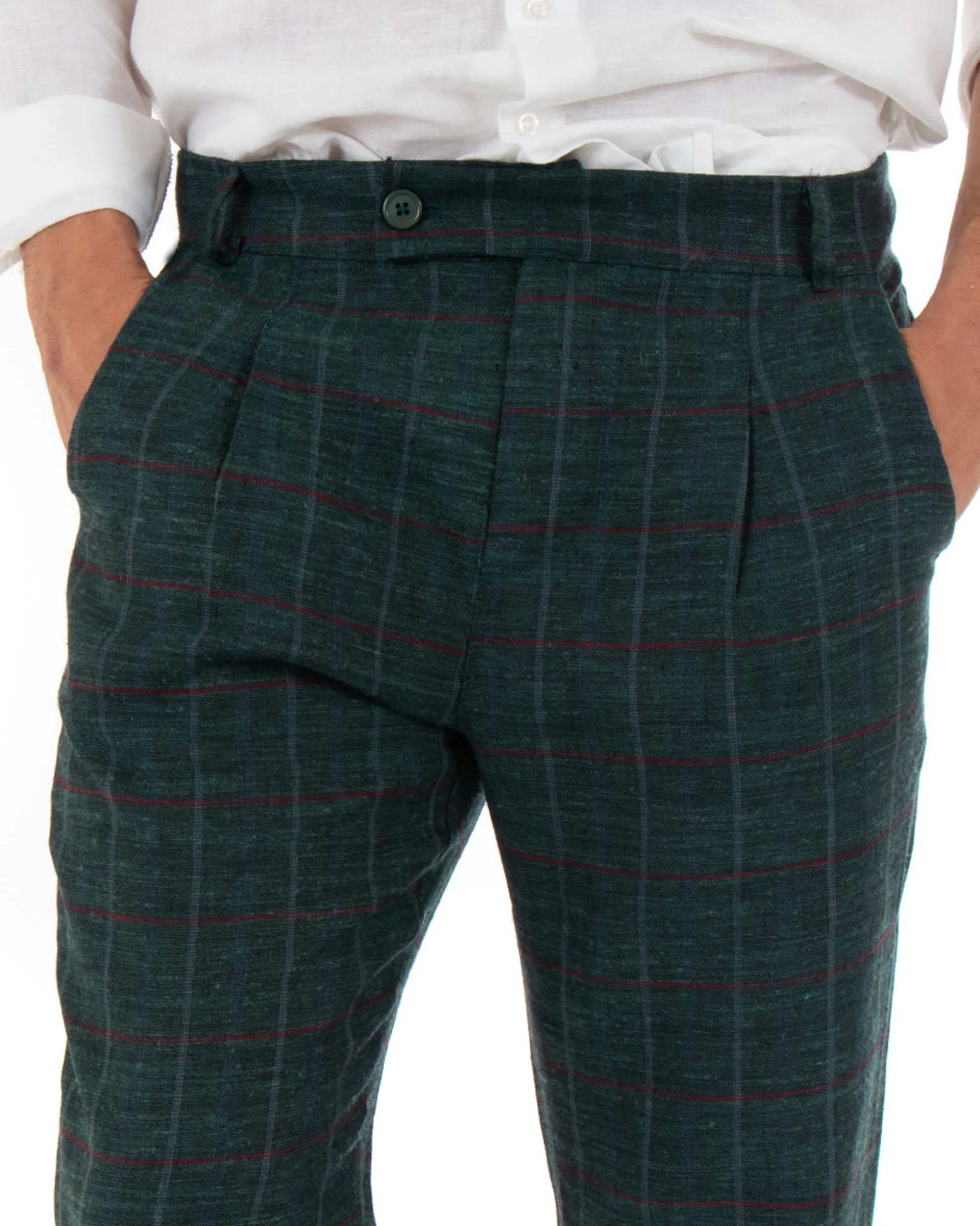 Pantaloni Uomo Tasca America Lino Classico Sartoriale Con Abbottonatura Allungata Con Pinces Scozzese Tartan Verde GIOSAL-P3827A