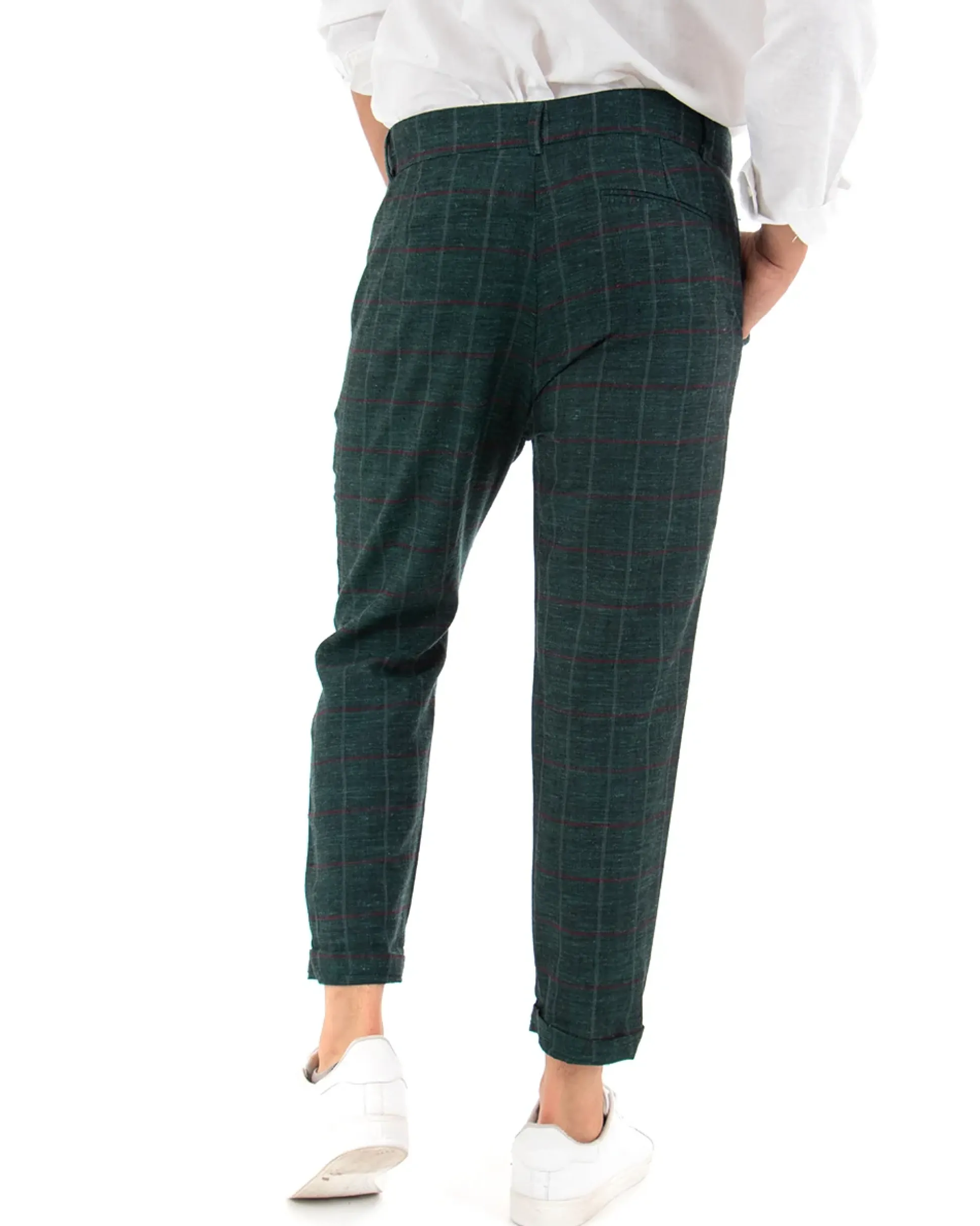 Pantaloni Uomo Tasca America Lino Classico Sartoriale Con Abbottonatura Allungata Con Pinces Scozzese Tartan Verde GIOSAL-P3827A