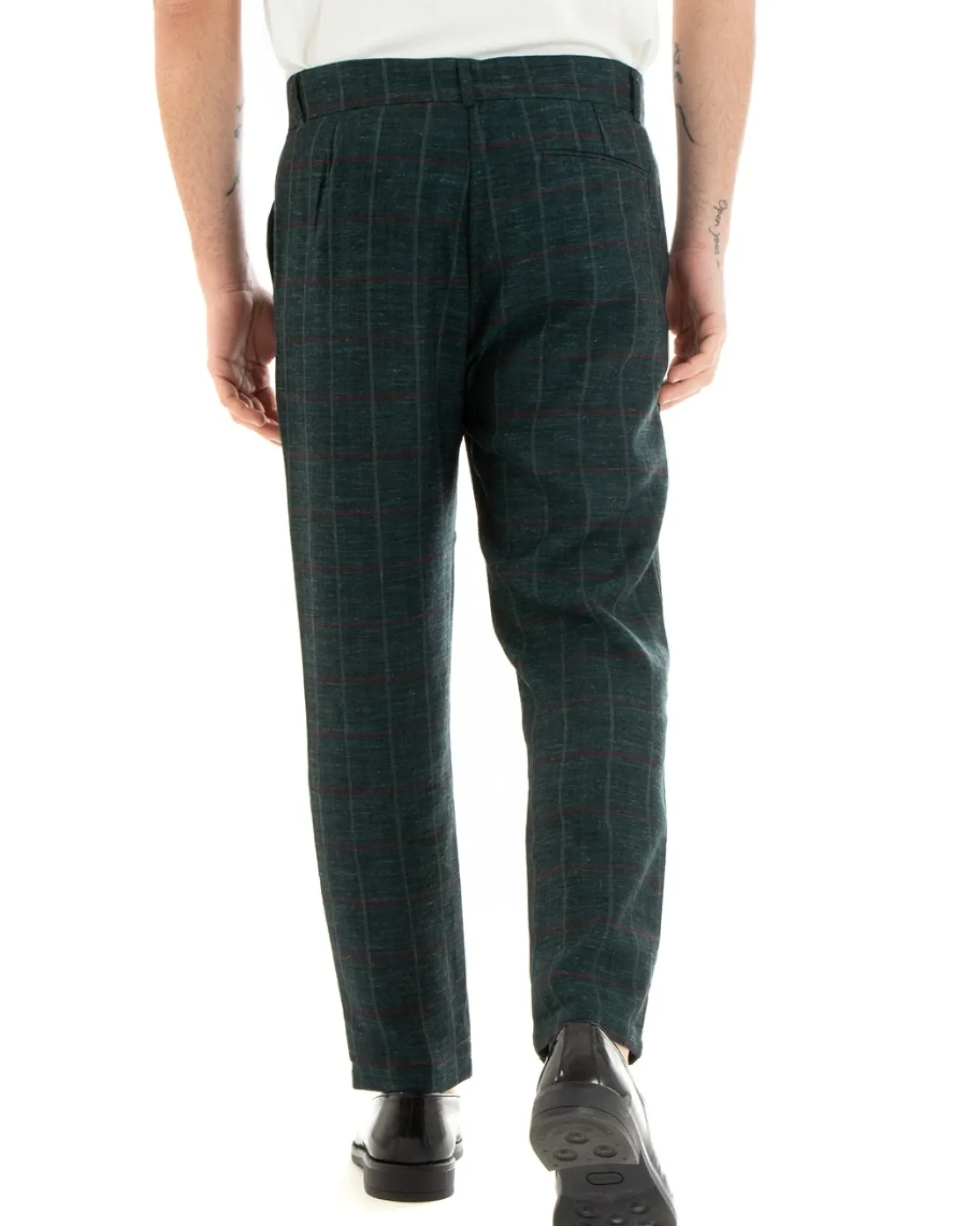 Pantaloni Uomo Tasca America Lino Classico Sartoriale Con Abbottonatura Allungata Con Pinces Scozzese Tartan Verde GIOSAL-P3827A