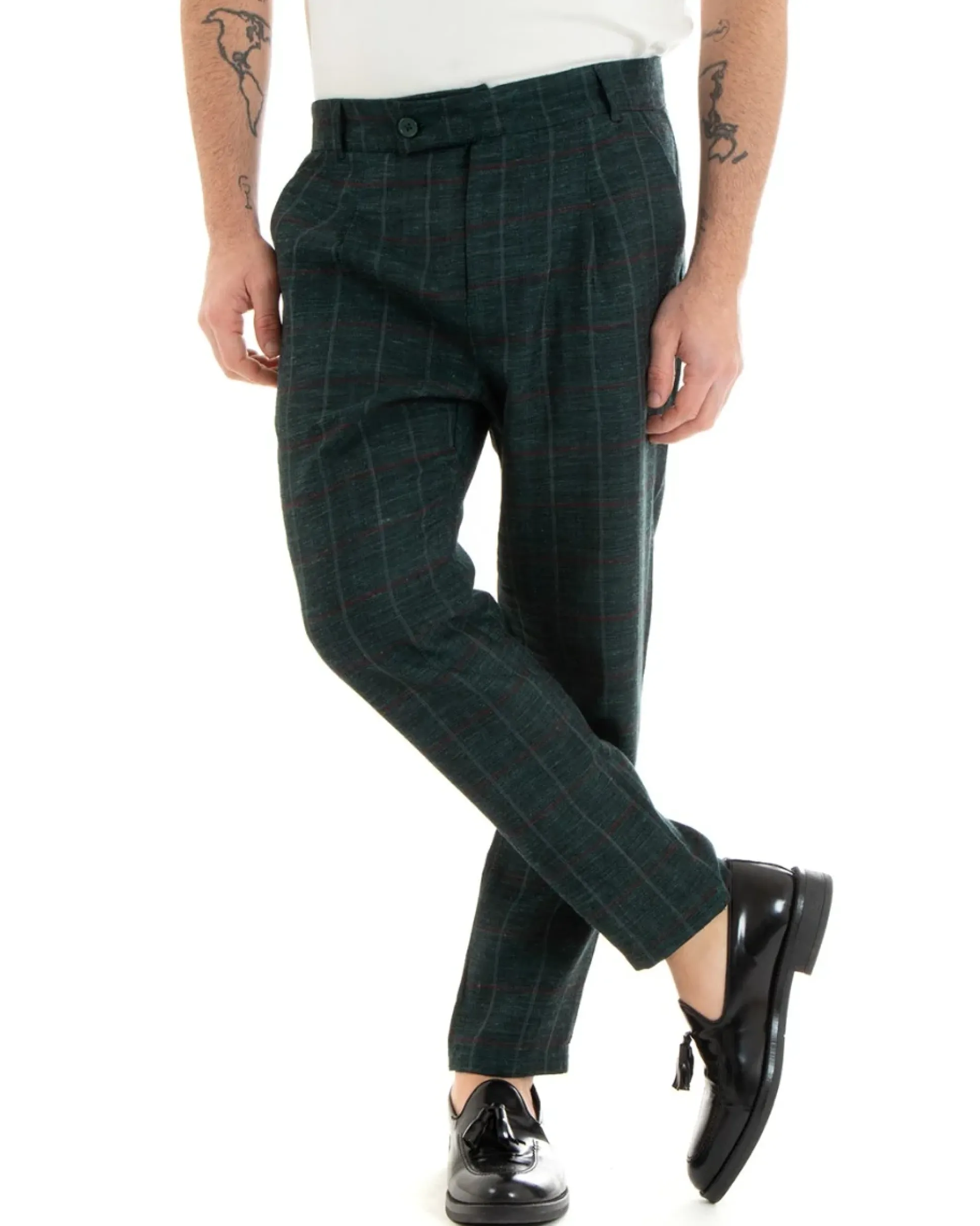 Pantaloni Uomo Tasca America Lino Classico Sartoriale Con Abbottonatura Allungata Con Pinces Scozzese Tartan Verde GIOSAL-P3827A