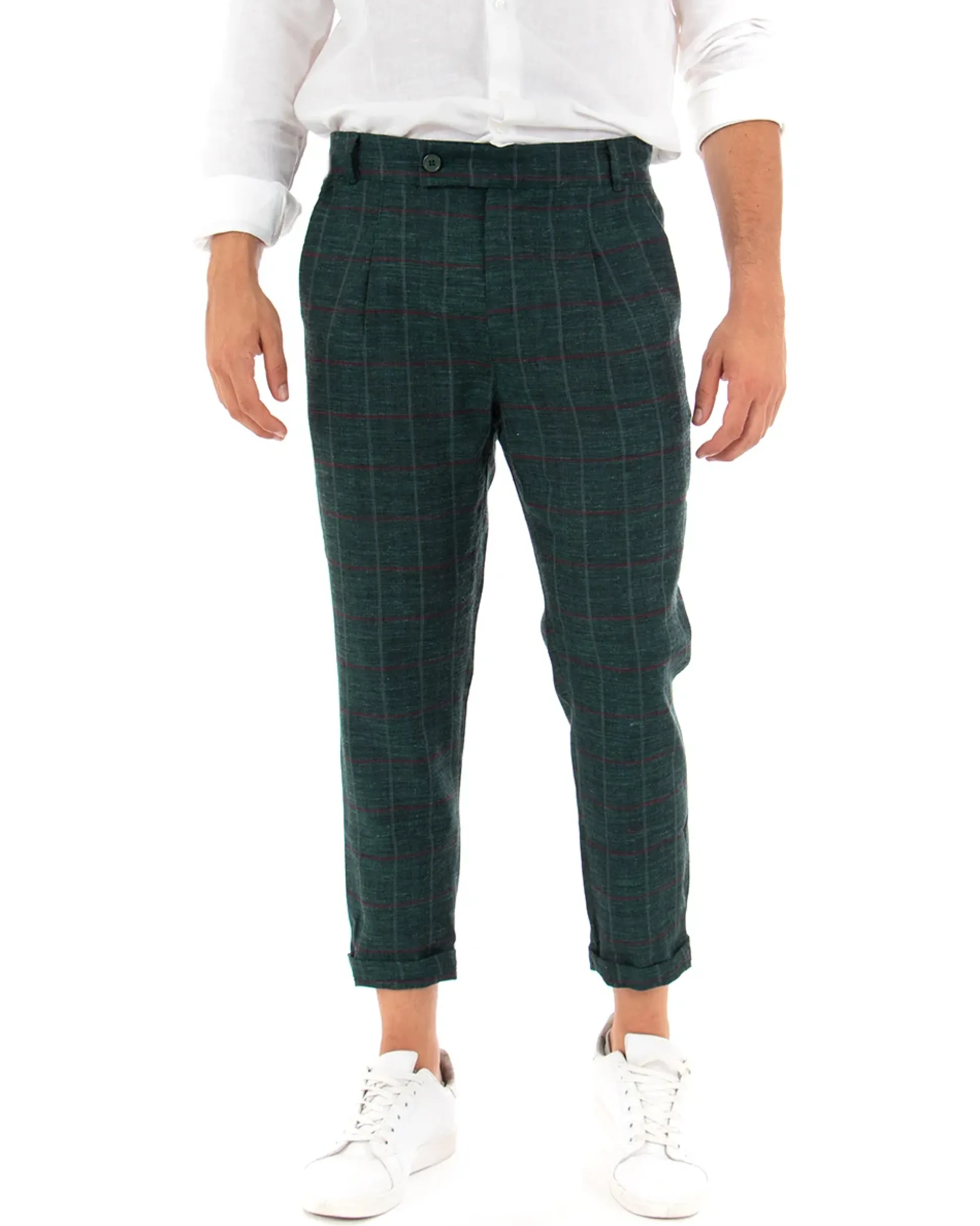 Pantaloni Uomo Tasca America Lino Classico Sartoriale Con Abbottonatura Allungata Con Pinces Scozzese Tartan Verde GIOSAL-P3827A