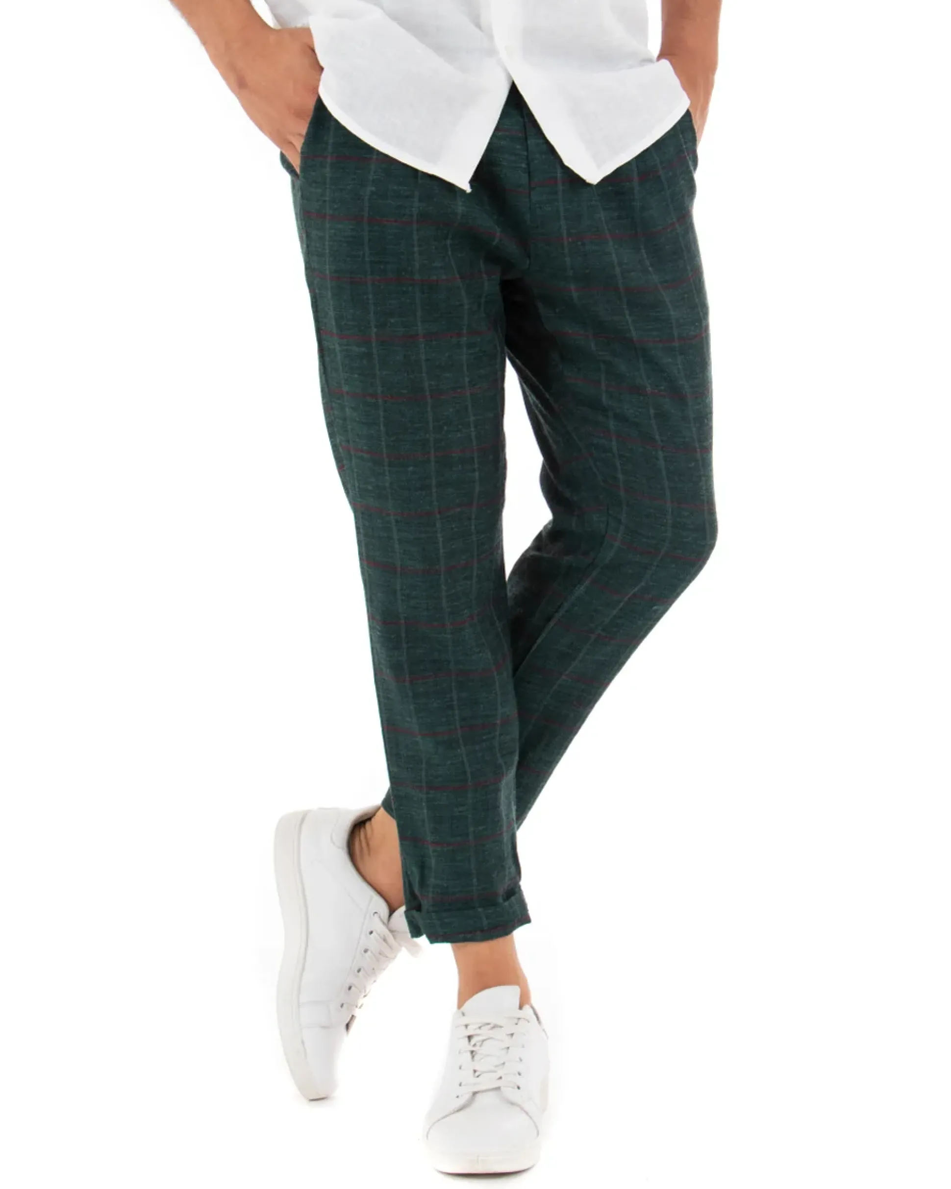 Pantaloni Uomo Tasca America Lino Classico Sartoriale Con Abbottonatura Allungata Con Pinces Scozzese Tartan Verde GIOSAL-P3827A