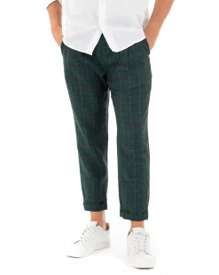 Pantaloni Uomo Tasca America Lino Classico Sartoriale Con Abbottonatura Allungata Con Pinces Scozzese Tartan Verde GIOSAL-P3827A