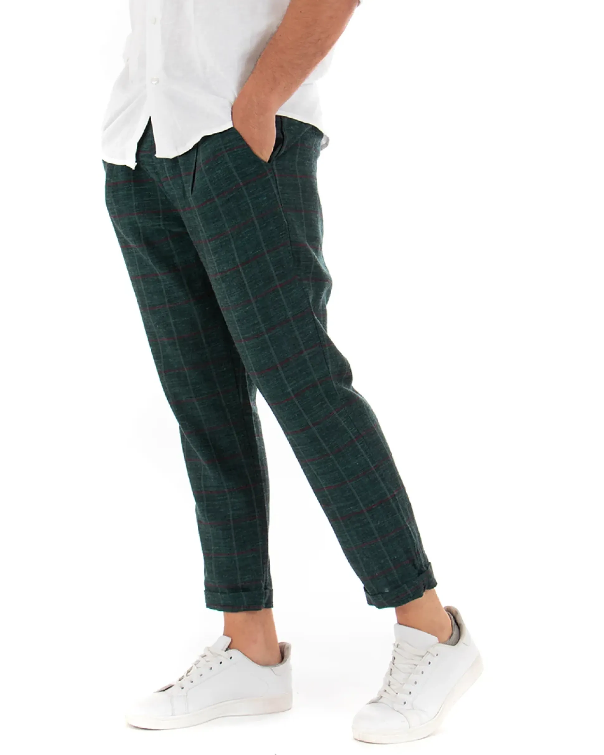 Pantaloni Uomo Tasca America Lino Classico Sartoriale Con Abbottonatura Allungata Con Pinces Scozzese Tartan Verde GIOSAL-P3827A