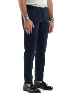 Pantaloni Uomo Tasche America Abbottonatura Allungata Cotone Invernale Capri Slim Blu P6176A