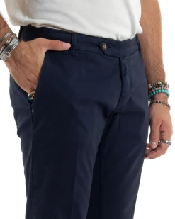 Pantaloni Uomo Tasche America Abbottonatura Allungata Cotone Invernale Capri Slim Blu P6176A