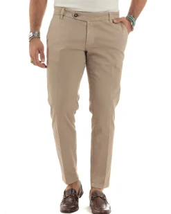 Pantaloni Uomo Tasche America Abbottonatura Allungata Cotone Invernale Capri Slim Beige P6174A