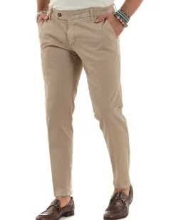 Pantaloni Uomo Tasche America Abbottonatura Allungata Cotone Invernale Capri Slim Beige P6174A