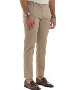 Pantaloni Uomo Tasche America Abbottonatura Allungata Cotone Invernale Capri Slim Beige P6174A