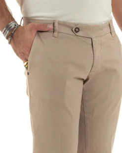 Pantaloni Uomo Tasche America Abbottonatura Allungata Cotone Invernale Capri Slim Beige P6174A