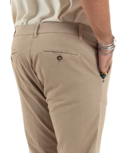Pantaloni Uomo Tasche America Abbottonatura Allungata Cotone Invernale Capri Slim Beige P6174A