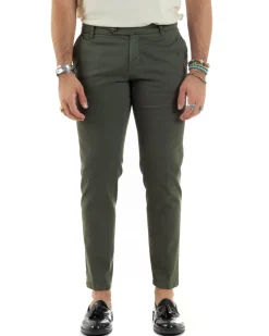 Pantaloni Uomo Tasche America Abbottonatura Allungata Cotone Invernale Capri Slim Verde P6177A