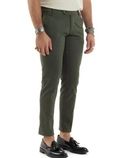 Pantaloni Uomo Tasche America Abbottonatura Allungata Cotone Invernale Capri Slim Verde P6177A