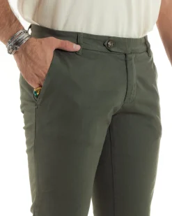 Pantaloni Uomo Tasche America Abbottonatura Allungata Cotone Invernale Capri Slim Verde P6177A