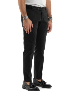 Pantaloni Uomo Tasche America Abbottonatura Allungata Cotone Invernale Capri Slim Nero P6172A