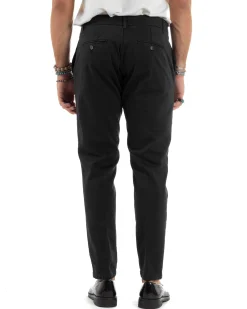 Pantaloni Uomo Tasche America Abbottonatura Allungata Cotone Invernale Capri Slim Nero P6172A