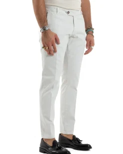 Pantaloni Uomo Tasche America Abbottonatura Allungata Cotone Invernale Capri Slim Bianco P6173A