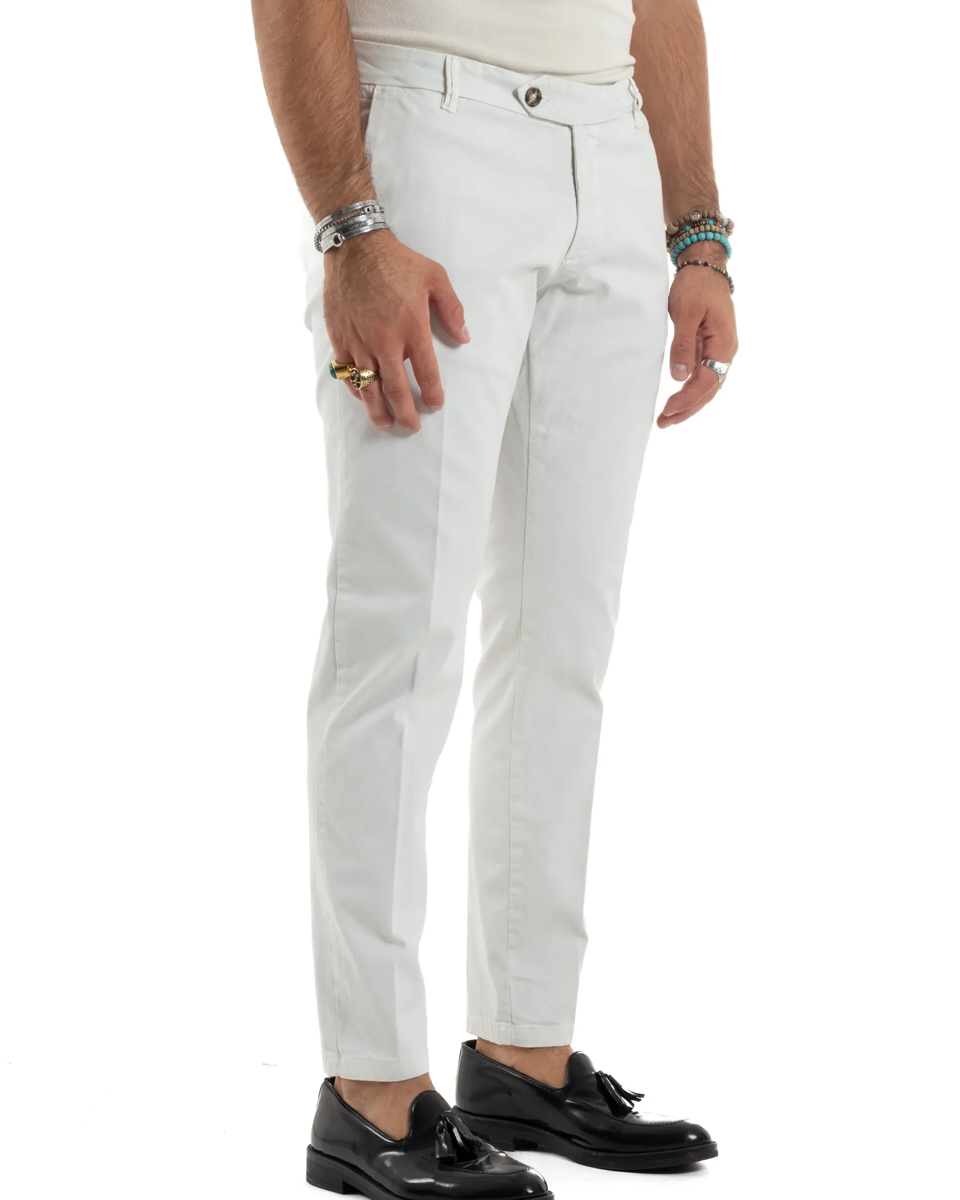 Pantaloni Uomo Tasche America Abbottonatura Allungata Cotone Invernale Capri Slim Bianco P6173A