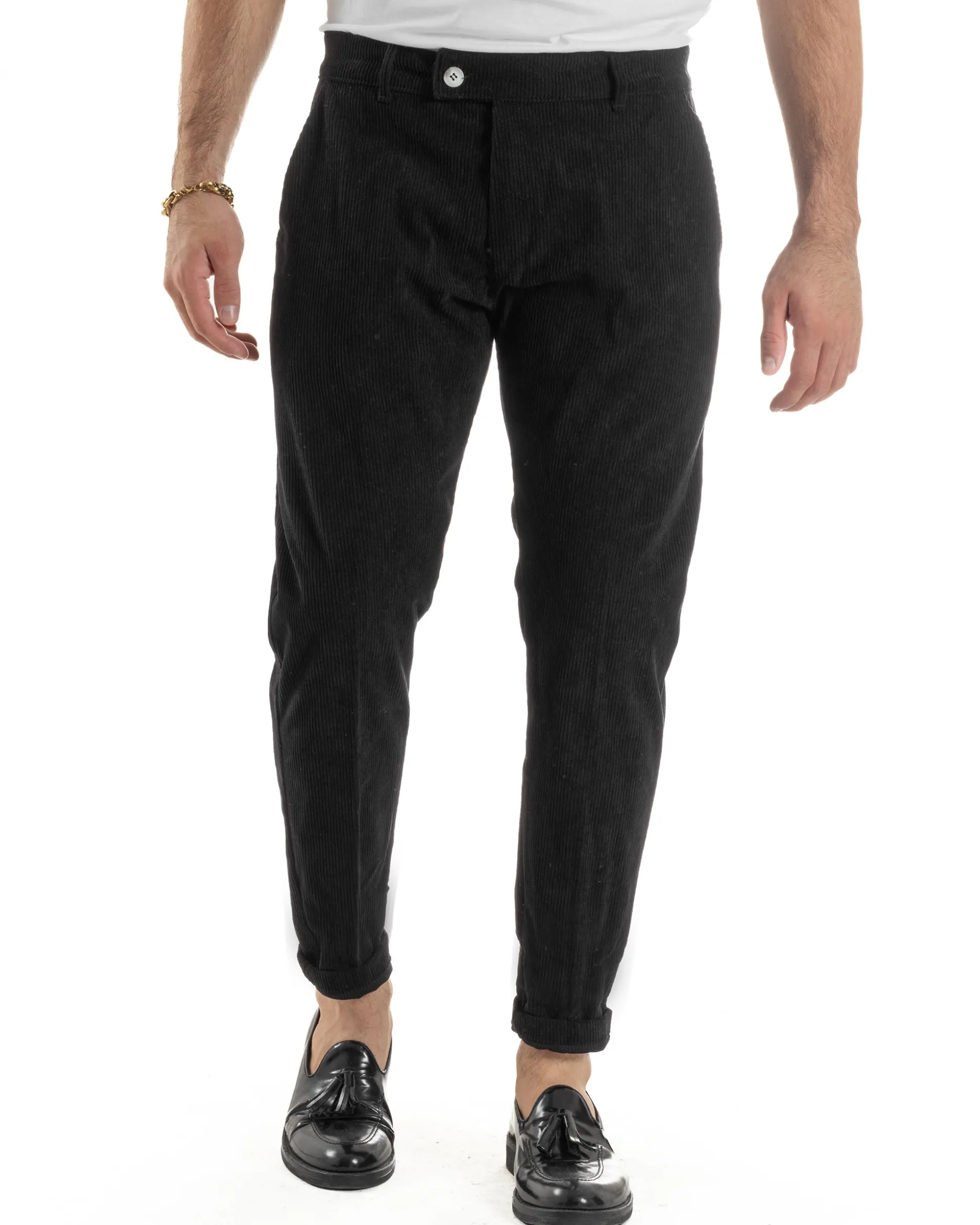 Pantaloni Uomo Velluto A Coste Abbottonatura Allungata Tasche America Nero P6409A