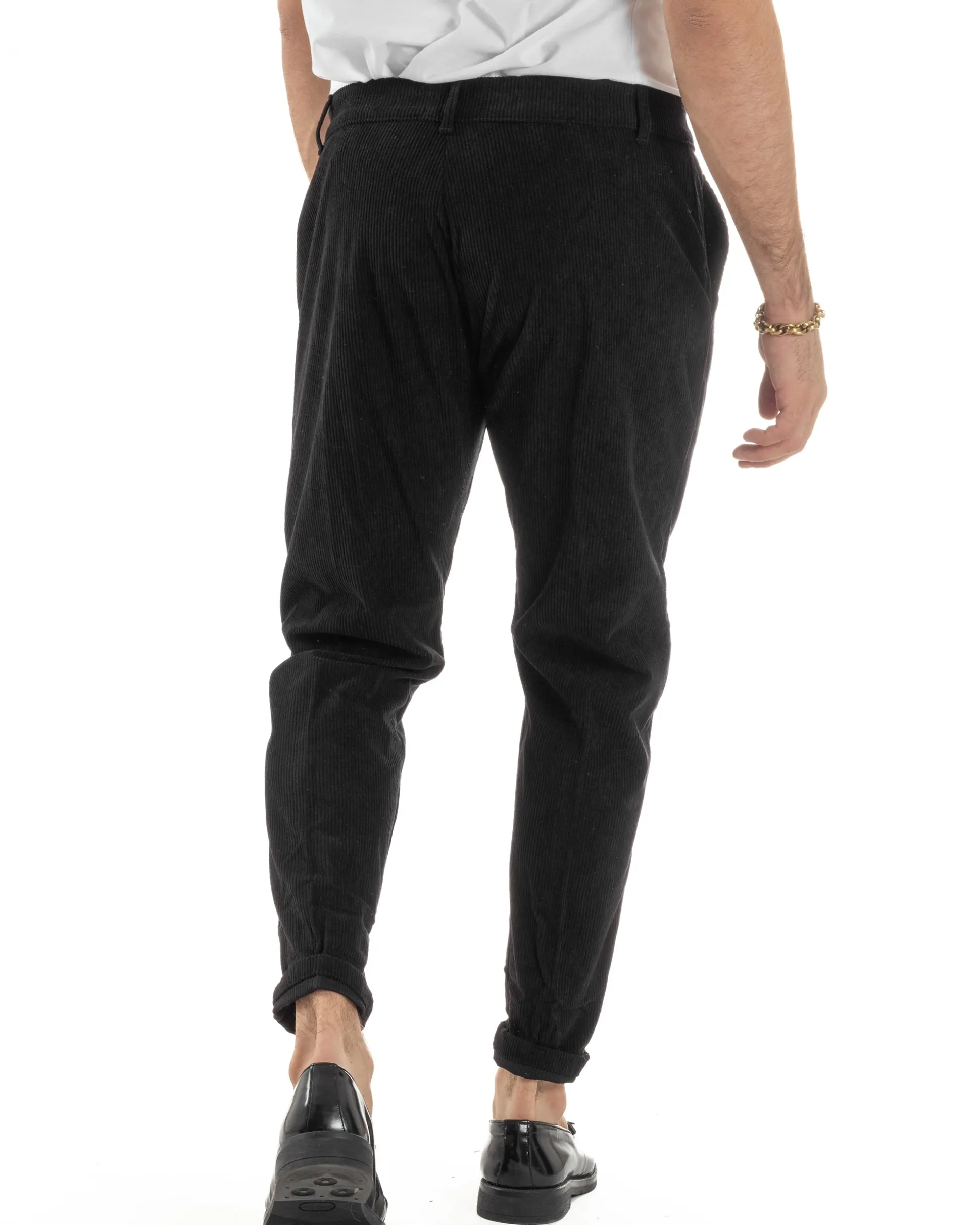 Pantaloni Uomo Velluto A Coste Abbottonatura Allungata Tasche America Nero P6409A