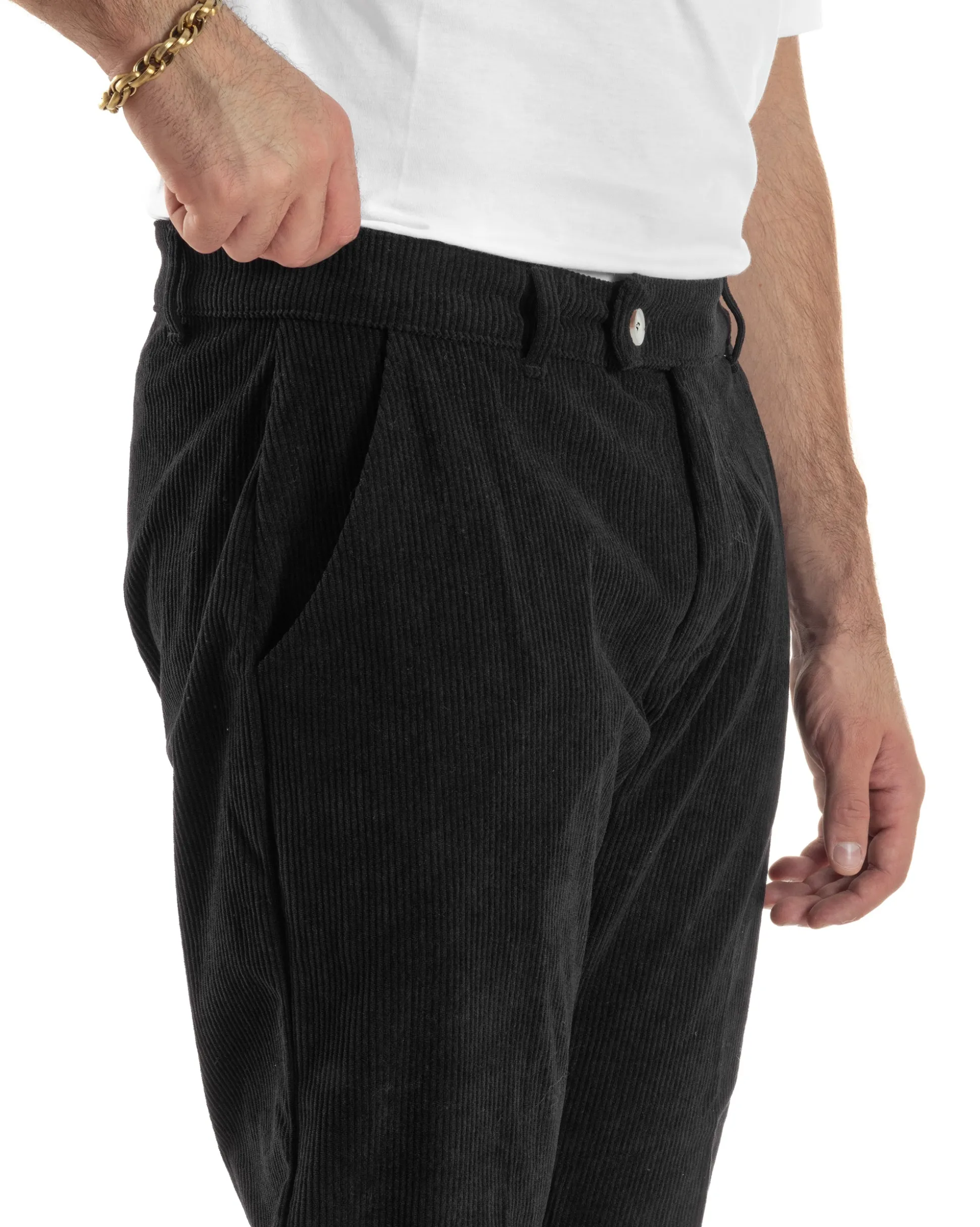 Pantaloni Uomo Velluto A Coste Abbottonatura Allungata Tasche America Nero P6409A