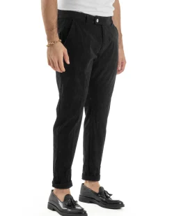 Pantaloni Uomo Velluto A Coste Abbottonatura Allungata Tasche America Nero P6409A